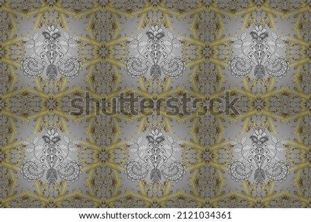 Seamless classic gray, yellow and neutral and golden pattern. Traditional orient ornament. Classic vintage background. Raster.