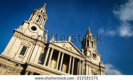 Angled view of the facade of St. Paul's Cathedral, London.