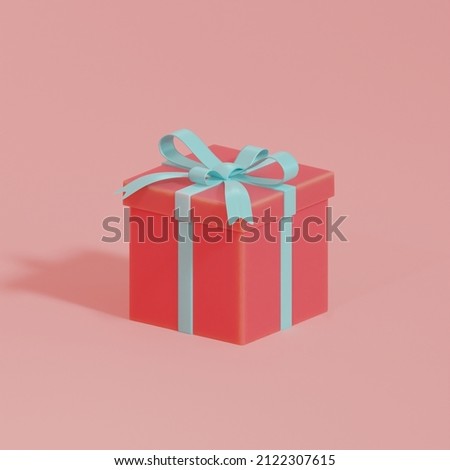 3d render red valentine,christmas,birthday gift box. Red Background, blue ribbon shadow and lights. Valentines day gift for couple love christmas.