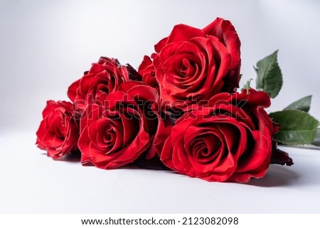 Beatiful bouquet of red roses flowers on white background, horizontal.