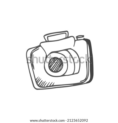 Camera, Shooting equipment. Digital technology. Sketch icon, vector illustration in doodle style. Isolate on a white background.