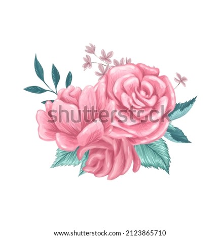 Spring congratulation card design with pastel colored roses flowers arrangement isolated. Watercolor hand drawn illustration. For wedding prints, banners, invitations etc.
