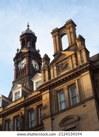 close up of the the old post office in leeds city square in west yorkshire against a blue sky