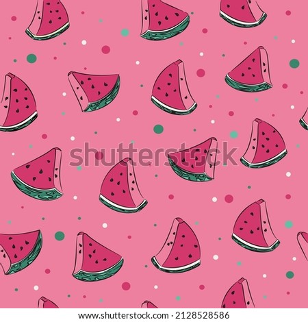 Cute, drawn kawaii watermelon seamless pattern with dotted background. Great for Spring or Summer fabric, scrap-booking, gift-wrap, wallpaper, product design. Vector