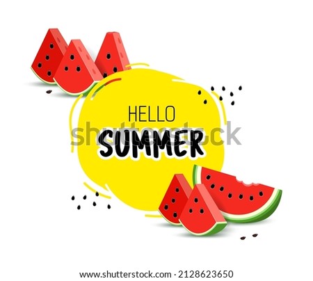 Realistic illustration of triangular watermelon juicy slices. Banner with text in round  hello summer. Vector illustration watermelon slices with seeds on white.