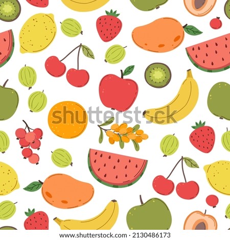 Juicy fruits pattern. Bright fruit texture, berries mix print. Fresh trendy vitamin background, summer tropical food exact seamless backdrop