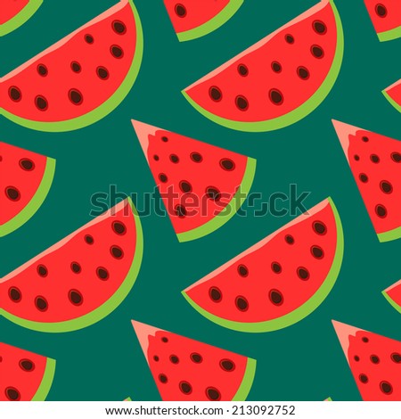 Seamless pattern with cartoon watermelon slices on green background. Endless print texture. Fabric design. Wallpaper - raster version