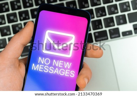 Man using mobile phone with no new message text. Waiting for a new message, business, job emails or newsletter concept background