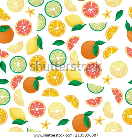 Summer pattern of refreshing citrus fruits. Grapefruit, lemon, orange and lime print. Tropical fruits. Summer sweets. Vector illustration