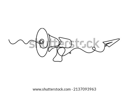 Abstract megaphone with paper plane as continuous lines drawing on white background