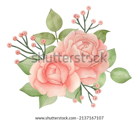 Floral composition for wedding invitations and post cards. Roses with delicate leaves and branches in Boho style. Watercolor botanical illustration in pastel colors