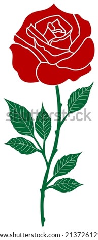 Rose vector with abstract branch and jagged leaves in red and dark green.
White isolated background.
Rose branch illustration with spikes.