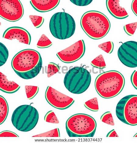 Vector watermelons hand drawn seamless pattern. Cute summer fresh fruits print. Watermelon red slices, half sliced and whole watermelons repeat texture on white background for fabric design, wallpaper