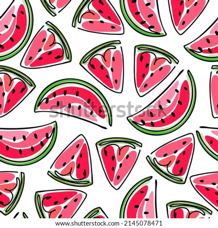 Cute seamless pattern for different kinds of printing. Sweet, juicy slices of watermelon. The doodles are drawn in black in a line with colored spots.