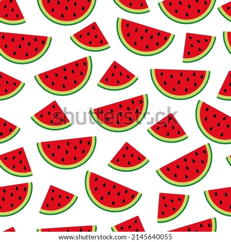 Vector seamless pattern with slices of ripe sweet watermelons on white background. Fresh summer fruits and berries backdrop, pattern for kids, clothes, print. 