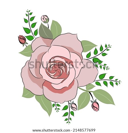 Beautiful rose bouquet flowers and green leaves growth on white background,hand drawn,creative with illustration in flat design.Floral pattern,decorative series for wallpaper.Valentine day concept.