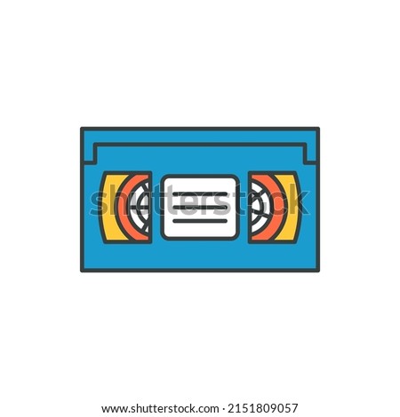 Retro plastic video tape cassette pop art t shirt print vector cartoon illustration. Vintage VHS movie magnetic analogue electronic information storage isolated. Videocassete with videotape