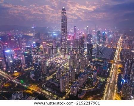 drone aerial view of the shenzhen city at night