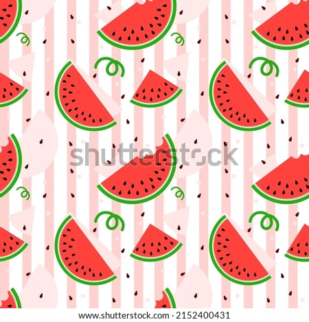 vector background seamless pattern of watermelon sliced and seeds on pink striped pattern , vector illustration , flat style