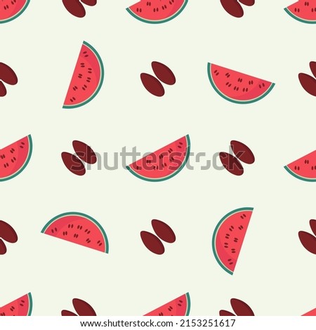 Pattern of watermelon slices and seeds on light green background
