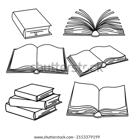 Set of sketches of books and illustration, black and white, hand drawn, sketch style, isolated on white background.