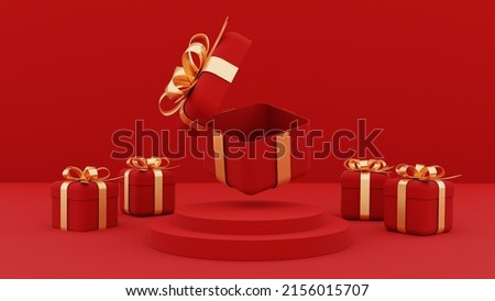 Red cylinder podium in christmas background. decor by christmas tree, gift boxes, ribbon. concept scene stage showcase, product, perfume, promotion sale, presentation, cosmetic. 3D render