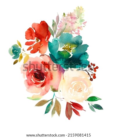 Watercolour Floral Bouquets Orange Turquoise Summer Arrangement Isolated On White