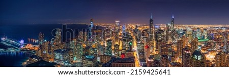 Panorama Top view of Chicago cityscape and skyscraper at the night time, USA downtown skyline, paranomic and aerial view, Architecture and building with tourist concept, 