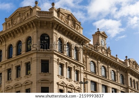architectural details of the facade of the classic post office building, view of the Anhangabaú Valley Region, São Paulo, SP, Brazil
