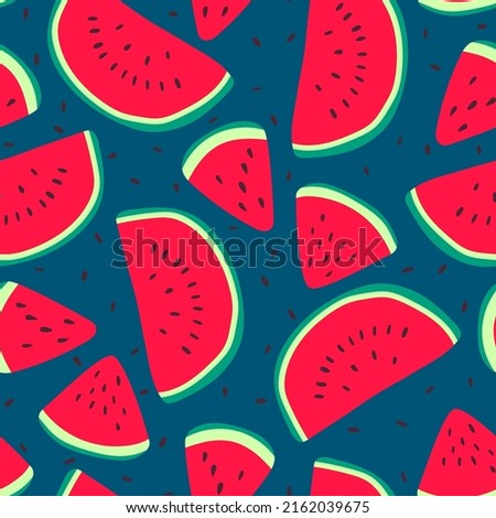 Vector watermelons hand drawn seamless pattern. Cute summer fresh fruits print. Watermelon red slices and seeds repeat texture on dark blue background for wallpaper, fabric design, decor, textile.