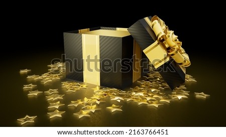 opened surprise gift box with goldish stars for black friday giveaway - abstract 3D rendering