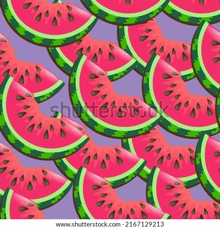 Watermelon slice seamless pattern on very peri background for wrapping paper or textile. Hand drawn watermelon slice. Vector illustration. Vintage illustration.