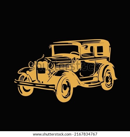 classic car in gold ink on black. classic car for brochure designs, graphics, fabric patterns, and advertisements. mural art coffee shop.