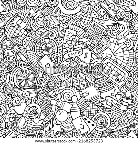 Cartoon cute doodles hand drawn Casino seamless pattern. Line art detailed, with lots of objects background. Endless funny raster illustration. 