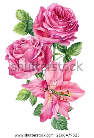 Pink Flowers isolated on white background. Watercolor bouquet of Roses and lilies 
