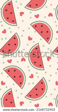 Watermelon and Heart Polka dots Pattern, Red Watermelon seamless, Watermelon cream color Background, Watermelon Wallpaper Love Cards Vector Stock Vector Illustration.