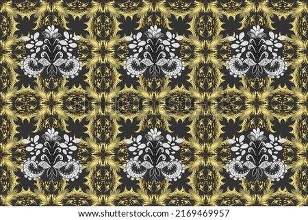 Oriental style arabesques. Brilliant lace, stylized flowers, paisley. Pattern on gray, yellow and neutral colors with golden elements. Golden texture curls. Openwork delicate golden pattern.