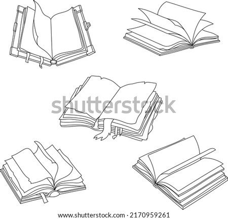Books vector collection. Pile of books. Hand drawn black and white illustration, lineart. Library, Books shop