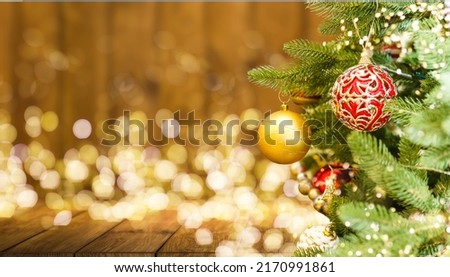 Christmas decorations and toys. New Year atmosphere. Christmas home. Landscape abstract card. Modern blurry postcard. Horizontal bright banner