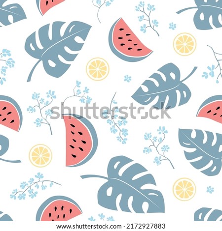 Simple seamless vector light pattern of monstera leaves, watermelons, lemons, flowers. For fabrics, wrapping paper, wallpapers.