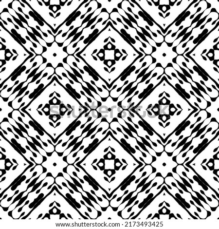 Black and white structured seamless pattern. Abstract ornamental geometric background. Repeat elegant backdrop. Symmetrical ornaments with abstract flowers, geometrical shapes, lines, flowers, rhombus