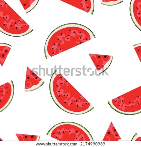 Pieces of juicy watermelon of various cuts. Vector seamless pattern with watermelon. Watermelon slices with peel.