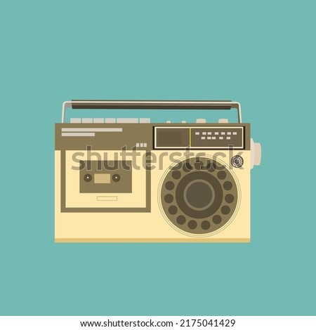 Retro radio flat vector illustration.  Tape recorder, cassette vintage radio