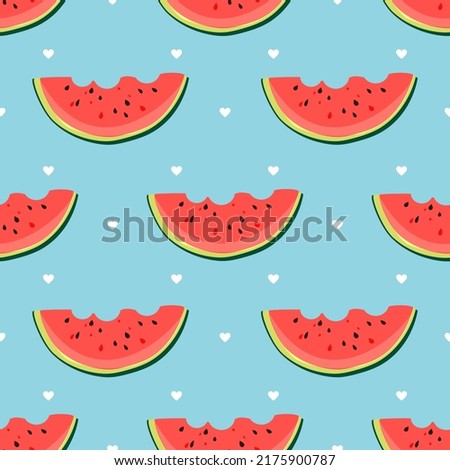 Slices of watermelon. Seamless cute pattern. Summer vibes. Watermelon red on a blue background. Vector.