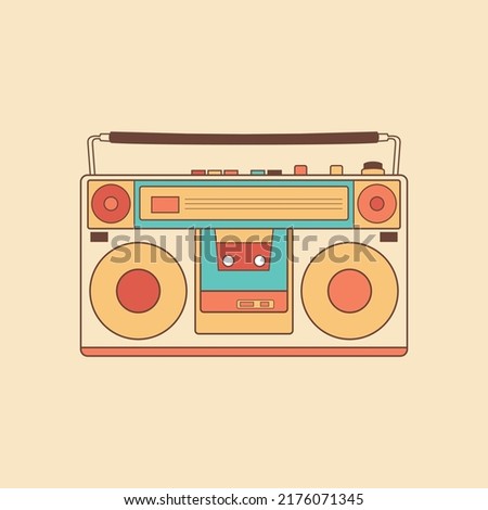 Boombox Radio cassette player music retro vintage vector illustration isolated on yellow background. Design for logo, label, emblem, sign, badge, poster, t-shirt, cloth, fabric, paper, textile.