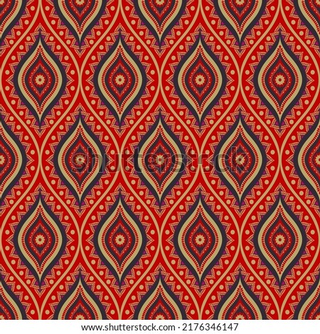 Vector ethnic flower in ogee shape red-gold color seamless background. Embroidery oriental surface pattern design. Use for fabric, textile, interior decoration elements, upholstery, wrapping.