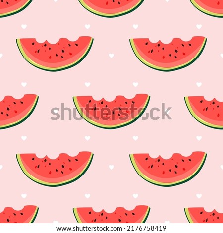 Watermelon pieces form a Seamless cute pattern on a pink background with small hearts.