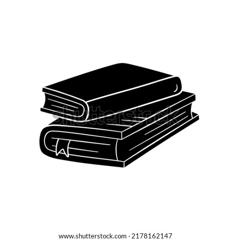 Book in simple style, vector illustration. Icon of book silhouette stack with ribbon for print and design. Isolated element on a white background. Back to school concept, hand drawn graphic sketch