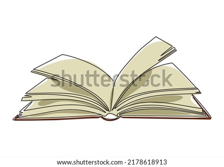 Continuous one line drawing of an open book with flying pages. Vector illustration of back to school educational supplies.