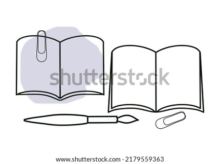 Notebook, album, brush, paper clips, school supplies, drawing with a black outline, with a gray spot, on a transparent background